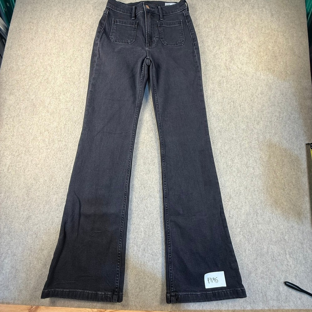 Gap 70s Flare High Rise Jeans Washed Black Patch Pockets Size 25 0R